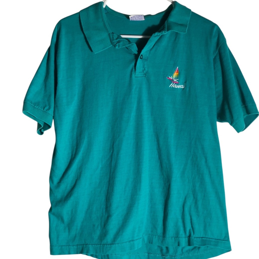 Tuff-T Vintage turquoise shirt sleeve embroidered Hawaii polo shirt. Sz Medium